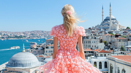Woman in the city. Istanbul Turkiye (Turkey). Blond and pink. Travel, holiday, vacation, summer