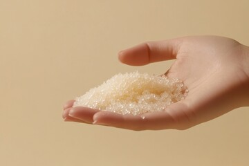A persons hand holding a pile of exfoliating sugar crystals