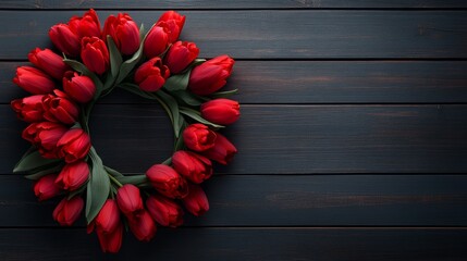 Wreath of red tulips sits on a wooden table. The arrangement of the flowers creates a sense of warmth and love, making it a perfect gift for Valentine's Day or any special occasion