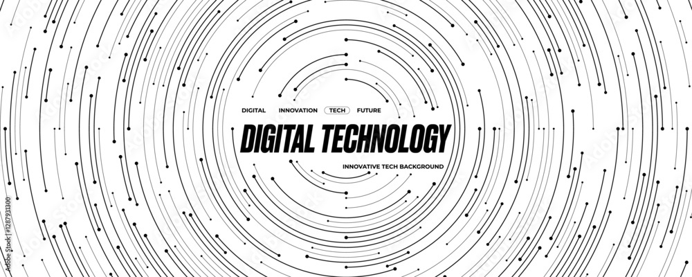 Poster Technology circle circuit background. Abstract big data and AI concept. Black lines with dots on tech bg. Network pattern. Digital computer innovation banner on white backdrop. Vector illustration