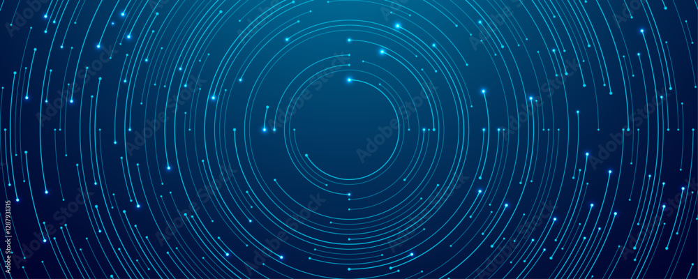 Poster Abstract technology circle circuit background. Big data and AI concept. Thin lines with light dots on tech bg. Network pattern. Digital computer innovation banner on dark backdrop. Vector illustration