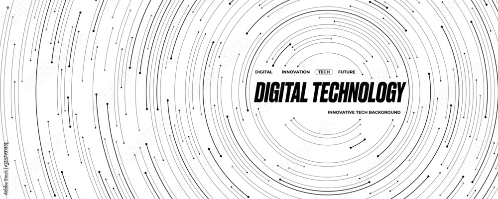 Poster Futuristic tech white background with black circle circuit wires with text block on a motherboard. AI chip or semiconductor concept. Abstract technology bg. Web banner. Dig