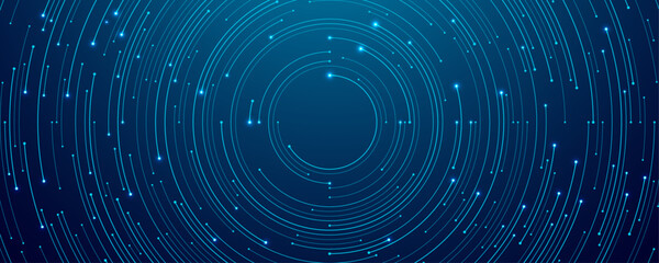 Abstract technology circle circuit background. Big data and AI concept. Thin lines with light dots on tech bg. Network pattern. Digital computer innovation banner on dark backdrop. Vector illustration
