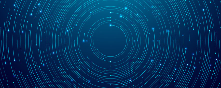 Abstract technology circle circuit background. Big data and AI concept. Thin lines with light dots on tech bg. Network pattern. Digital computer innovation banner on dark backdrop. Vector illustration