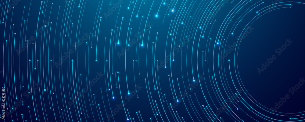 Poster Abstract tech background. Thin line circuit circle wires in blue on technology futuristic bg. Artificial Intelligence and computer innovation backdrop. Digital big data banner. Vector illustration.