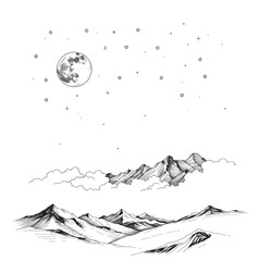 Hand-Drawn Sketch Portraying Moons, a Starry Sky, Rolling Clouds, and Distant Mountains with Dreamy Atmosphere