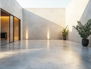 Fototapeta premium Modern interior design blends office and home aesthetics with open space, light walls, and empty hallways