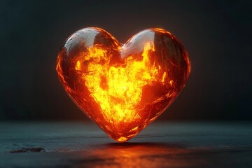 Fototapeta premium Heart glowing in volcanic lava with intricate metallic veins in a dark setting