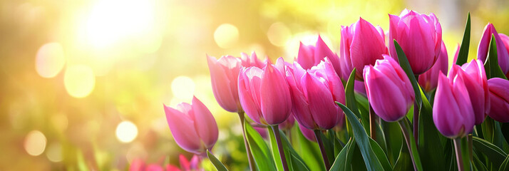 Obraz premium Beautiful spring background with pink tulip flowers in sunlight