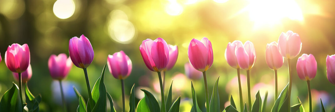 Beautiful spring background with pink tulips in sunlight