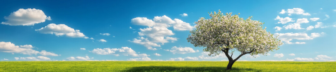 Obraz premium Beautiful spring landscape with blooming apple tree under clear sky