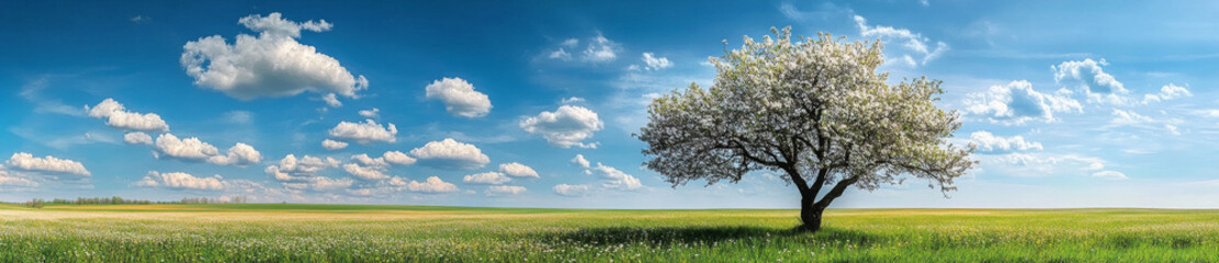 Fototapeta premium beautiful spring landscape features blooming apple tree under bright sky