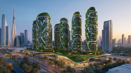 Obraz premium Concept art of a green, eco-friendly future in 2026, with sustainable skyscrapers covered in vegetation.
