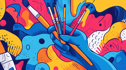 Obraz premium Hand Holding Paintbrushes Against Vibrant Abstract Background
