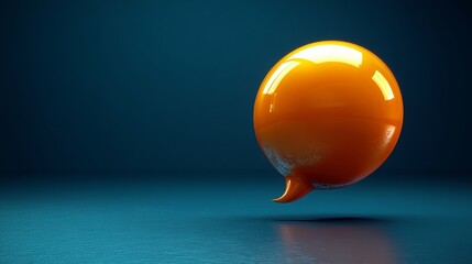 Orange 3d chat bubble hovering over a glossy blue surface, minimalist design. Communication and technology concept