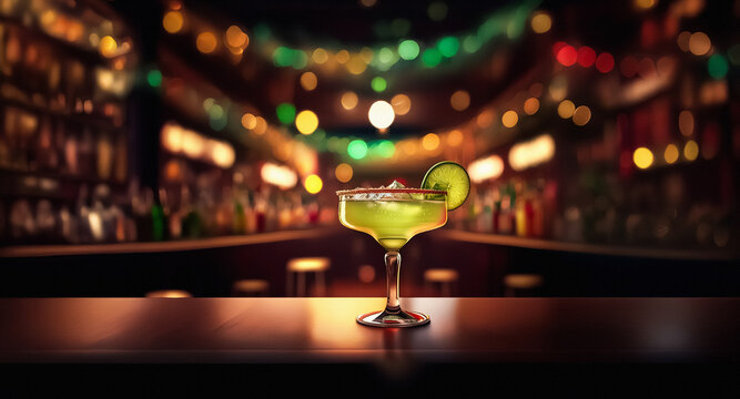 A vibrant drink in a glass with lime garnish and salt rim, on a bar counter in a dimly lit, festive setting with blurred background.