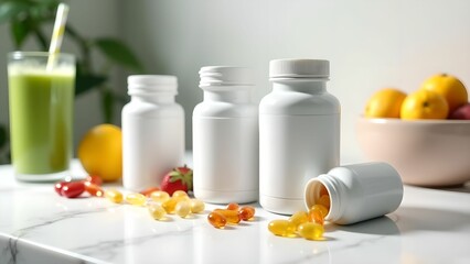 Display of nutritional supplements and fresh fruits on kitchen countertop