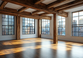 Empty Loft Apartment with City View and Exposed Wooden Beams