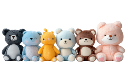 Soft and colorful plush toys lined up in a cheerful arrangement against a white background