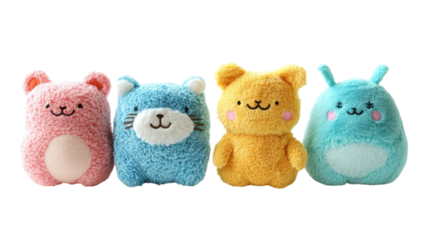 Plush toys in vibrant colors lined up for a cheerful display on a white background