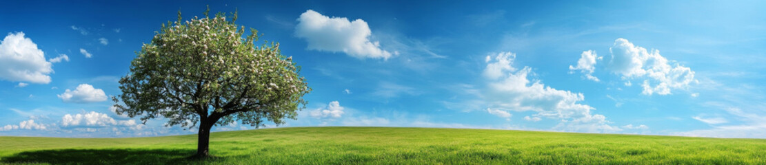 Fototapeta premium panoramic view of blooming apple tree on green field under blue sky