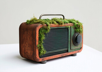 Moss-Covered Vintage Radio with Distressed Finish