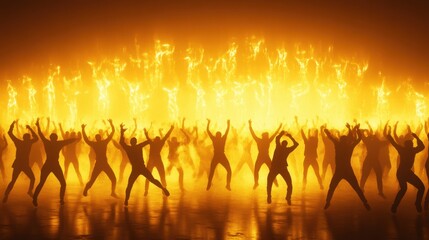 Fototapeta premium Crowd silhouettes jumping in unison against powerful yellow stage lights, dynamic and cinematic.