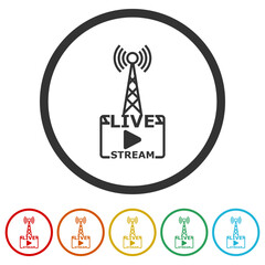 Live stream icon. Set icons in color circle buttons