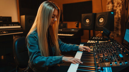 Fototapeta premium Female Composer Working at Synthesizer in Studio
