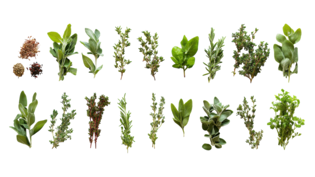 Fresh herbs collection displayed neatly on a white surface showcasing varieties for culinary uses and herbal remedies