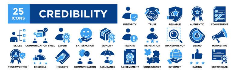 Credibility icon collection set. Containing design Integrity, Trust, Reliable, Authentic, Commitment	