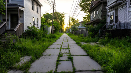 Overgrown Alleyway at Sunset in Residential Area