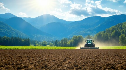 Naklejka premium Tractor cultivating field in scenic mountain landscape during sunny day