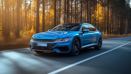 Fototapeta premium Stylish Blue Sedan Drives Through Autumn Forest.