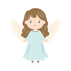 Cute Pretty Winged Little Girl Fairy Angel Cartoon Character in Heaven Sky