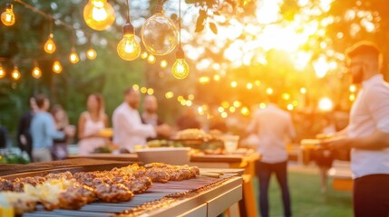 Outdoor barbecue party at sunset with friends and festive string lights in warm summer atmosphere