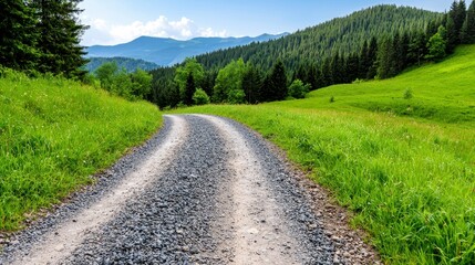 Fototapeta premium Serene Journey: Gravel Road Winding Through Lush Green Meadow Towards Majestic Mountains