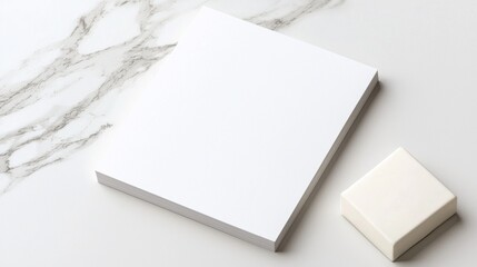 Blank stationery set on marble surface. Includes a notepad and eraser for minimalist design and branding concepts.
