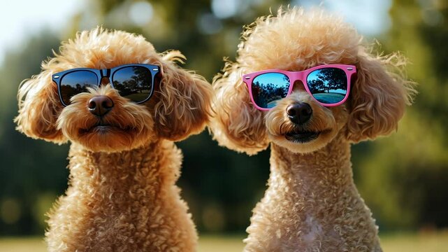 Two fashionable poodles wearing sunglasses enjoy a sunny day at the park with happy expressions