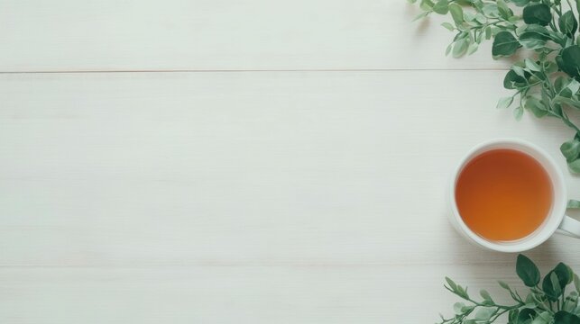 Tranquil tea time with fresh greenery on rustic white wood background for relaxation and mindfulness