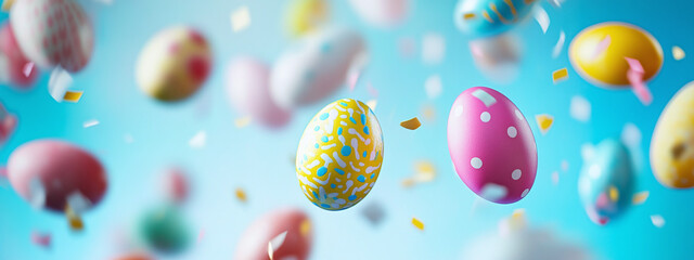 Beautiful background of falling easter eggs against blue studio background