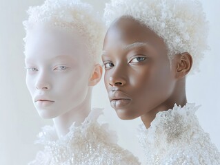 Close up portrait of two diverse female models with textured hair and artistic fashion detailing