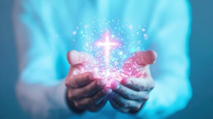 Magical glow of faith: hands holding sparkling cross symbol for spirituality and peace