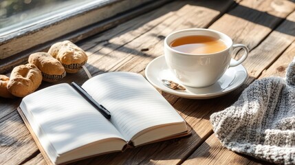 Cozy Morning Scene with Tea, Notebook, Cookies, and Soft Blanket