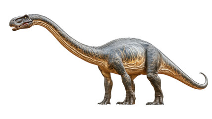 Long-necked dinosaur model standing in a white background showcasing prehistoric features and details