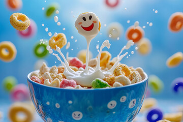 happy cereal splash. cheerful breakfast cereal splash with smiley face, colorful loops, and milk in a blue bowl, fun breakfast art 