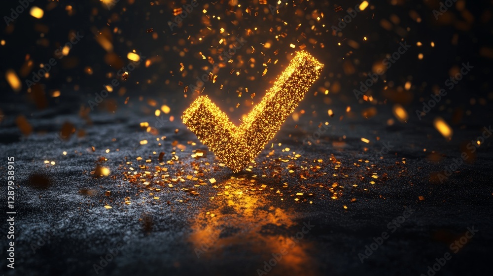 Poster glowing golden check mark made of particles on dark background, floating in a dramatic light. succes