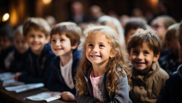 Portrait of children sitting at a desk at school and listening attentively to a lesson.