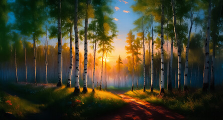 Obraz premium A serene forest path is bathed in the warm glow of setting sun, filtering through tall birch trees. The tranquil scene evokes a sense of peace and natural beauty.
