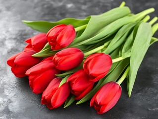 Obraz premium Red Tulips Bouquet on Dark Stone